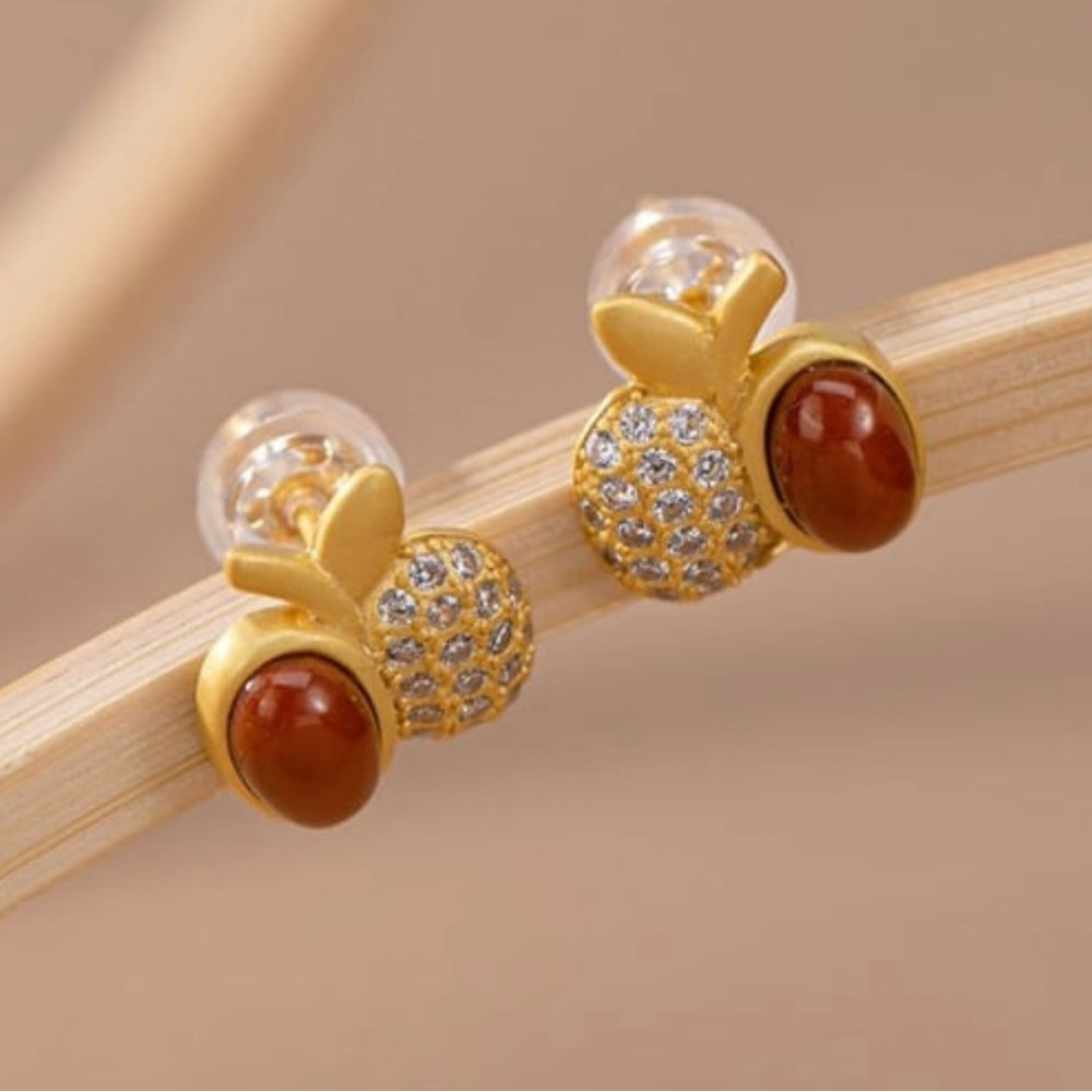 925 Sterling Silver Jade Friut Apple Cute Stud Earring E10-2328